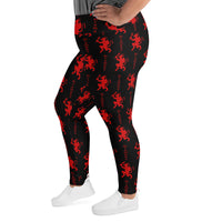 Black Krampus pattern on plus size women's leggings, left-side view