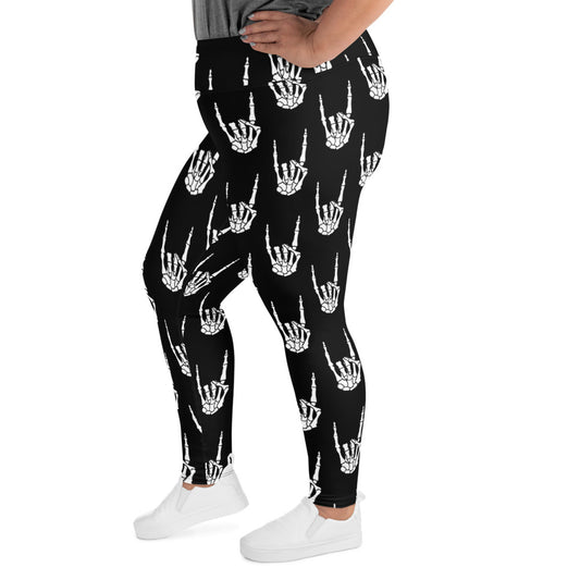 Devil Horns Bone Hands pattern on plus size women's leggings, left-side view