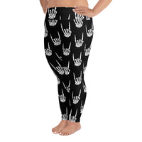 Devil Horns Bone Hands pattern on plus size women's leggings, left-side view