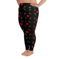 Classic Horror Weapons pattern on plus size women's leggings, left-side view
