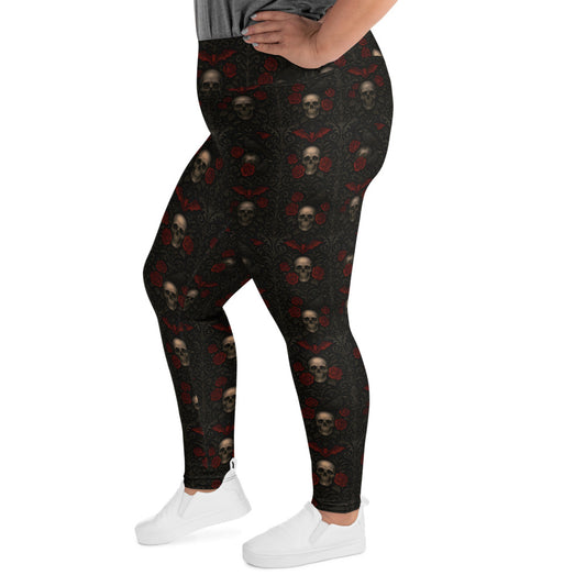 Skulls Bats Roses & Ravens pattern on plus size women's leggings, left-side view