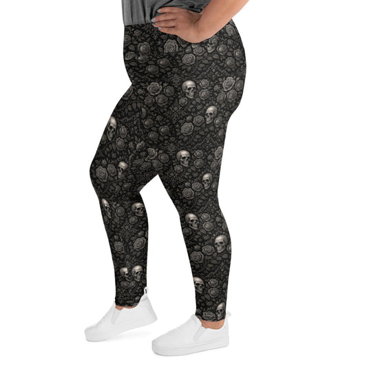Skulls & Roses pattern on plus size women's leggings, left-side view