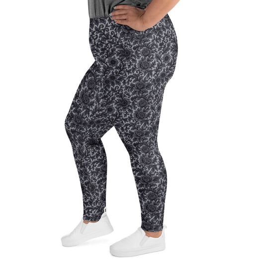 Black Rose Lace pattern on plus size women's leggings, left-side view
