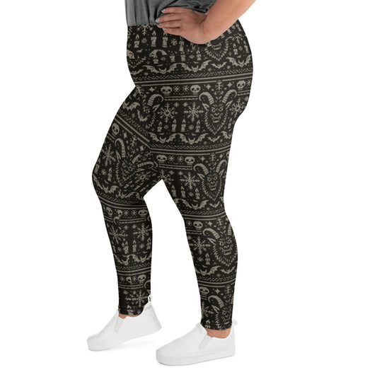 Krampus Christmas Pattern pattern on plus size women's leggings, left-side view