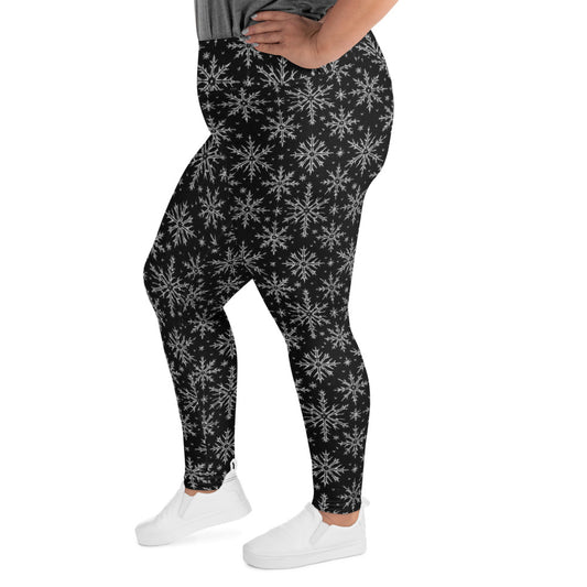 Gothic Snowflakes pattern on plus size women's leggings, left-side view