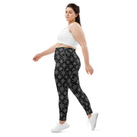 Gothic Snowflakes pattern on plus size women's leggings, left-side view