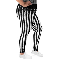 Distressed Black & White Vertical Stripes pattern on plus size women's leggings, right-side view
