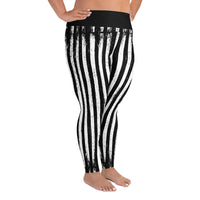 Distressed Black & White Vertical Stripes pattern on plus size women's leggings, right-side view