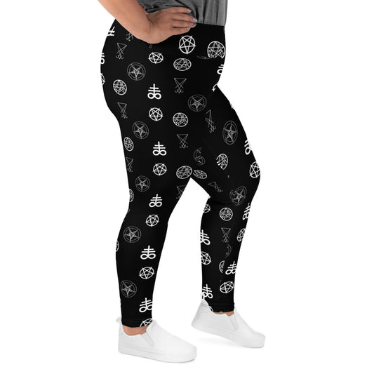 Demonology Occult Symbols pattern on plus size women's leggings, right-side view