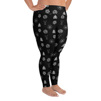 Demonology Occult Symbols pattern on plus size women's leggings, right-side view