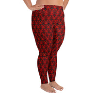Red Haunted Mansion pattern on plus size women's leggings, right-side view