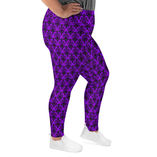Purple Haunted Mansion pattern on plus size women's leggings, right-side view