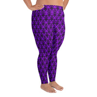 Purple Haunted Mansion pattern on plus size women's leggings, right-side view