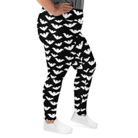 Flying Vampire Bats pattern on plus size women's leggings, right-side view