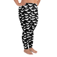 Flying Vampire Bats pattern on plus size women's leggings, right-side view