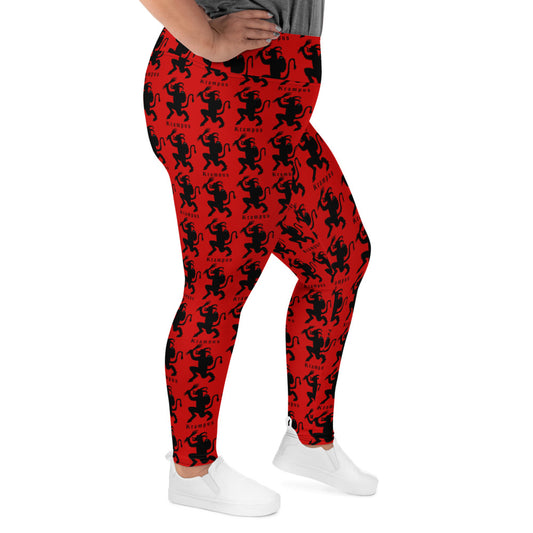 Red Krampus pattern on plus size women's leggings, right-side view