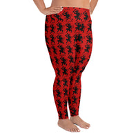 Red Krampus pattern on plus size women's leggings, right-side view