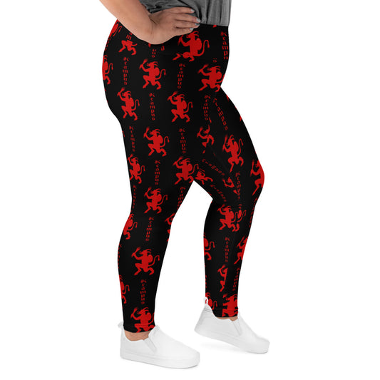 Black Krampus pattern on plus size women's leggings, right-side view