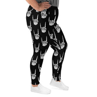 Devil Horns Bone Hands pattern on plus size women's leggings, right-side view