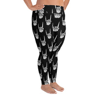 Devil Horns Bone Hands pattern on plus size women's leggings, right-side view