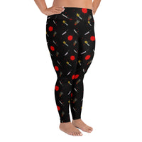 Classic Horror Weapons pattern on plus size women's leggings, right-side view