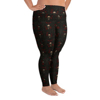 Skulls Bats Roses & Ravens pattern on plus size women's leggings, right-side view