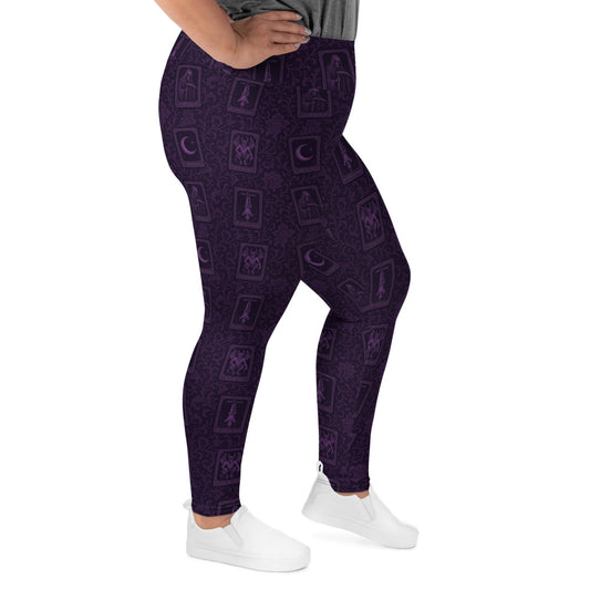 Purple Tarot Cards pattern on plus size women's leggings, right-side view