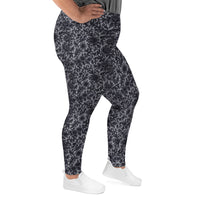 Black Rose Lace pattern on plus size women's leggings, right-side view