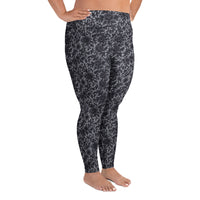 Black Rose Lace pattern on plus size women's leggings, right-side view