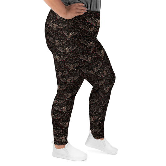 Vampire Bat Skeletons pattern on plus size women's leggings, right-side view