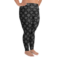 Gothic Snowflakes pattern on plus size women's leggings, right-side view