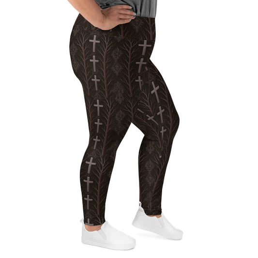 Gothic Cross & Dead Trees pattern on plus size women's leggings, right-side view
