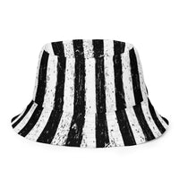 White bucket hat with Black and White Vertical Stripe Distressed embroidered artwork, back view