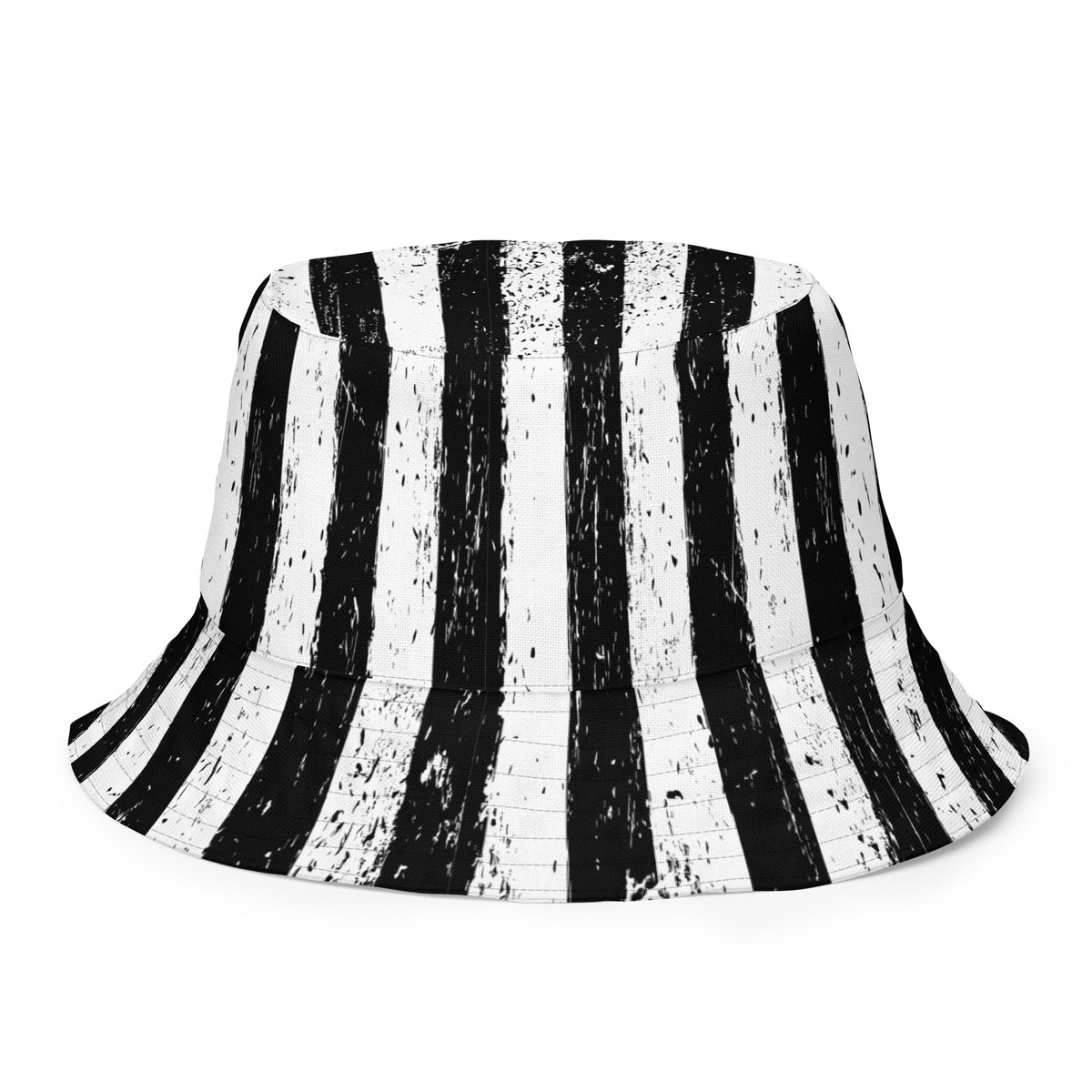 White bucket hat with Black and White Vertical Stripe Distressed embroidered artwork, front view