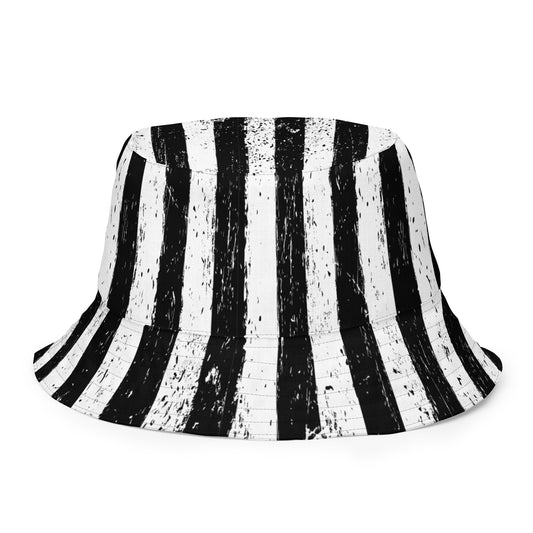 White bucket hat with Black and White Vertical Stripe Distressed embroidered artwork, front view