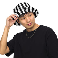 White bucket hat with Black and White Vertical Stripe Distressed embroidered artwork, front view
