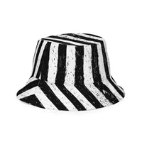 White bucket hat with Black and White Vertical Stripe Distressed embroidered artwork, right-front view