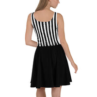 Distressed Vertical Stripes pattern on women's skater dress, back view
