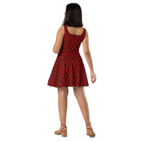 Red Haunted Mansion pattern on women's skater dress, back view