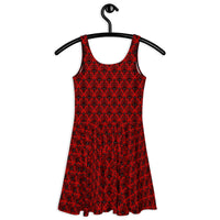 Red Haunted Mansion pattern on women's skater dress, back view