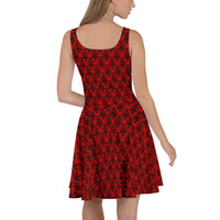 Red Haunted Mansion pattern on women's skater dress, back view