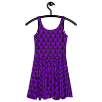 Purple Haunted Mansion pattern on women's skater dress, back view