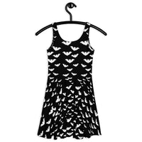 Flying Vampire Bats pattern on women's skater dress, back view