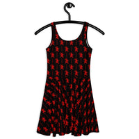 Black Krampus pattern on women's skater dress, back view