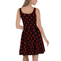 Black Krampus pattern on women's skater dress, back view