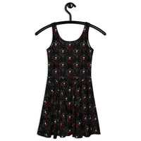 Bloody Skulls & Red Roses pattern on women's skater dress, back view