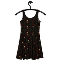 Skulls Bats Roses & Ravens pattern on women's skater dress, back view