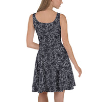 Black Rose Lace pattern on women's skater dress, back view