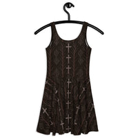 Gothic Cross & Dead Trees pattern on women's skater dress, back view