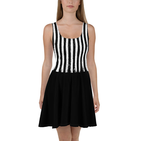 Distressed Vertical Stripes pattern on women's skater dress, front view